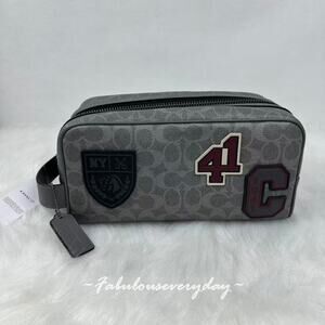 Coach Men's Large Travel Kit In Signature Canvas With Patches In Grey CCF36 NWT